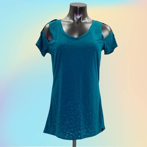 VOLCOM Teal Blue Cold Shoulder Graphic Blouse - Picture 10 of 11